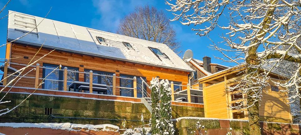 Seitenansicht des Ferienhauses im Schnee, daneben die angrenzende Scheune