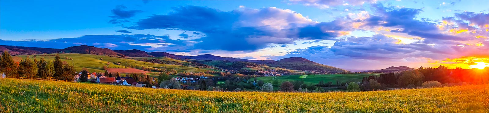 Frühlingsabend über Sandberg: blühende Wiese im Vordergrund, dahinter die Hügel der Rhön